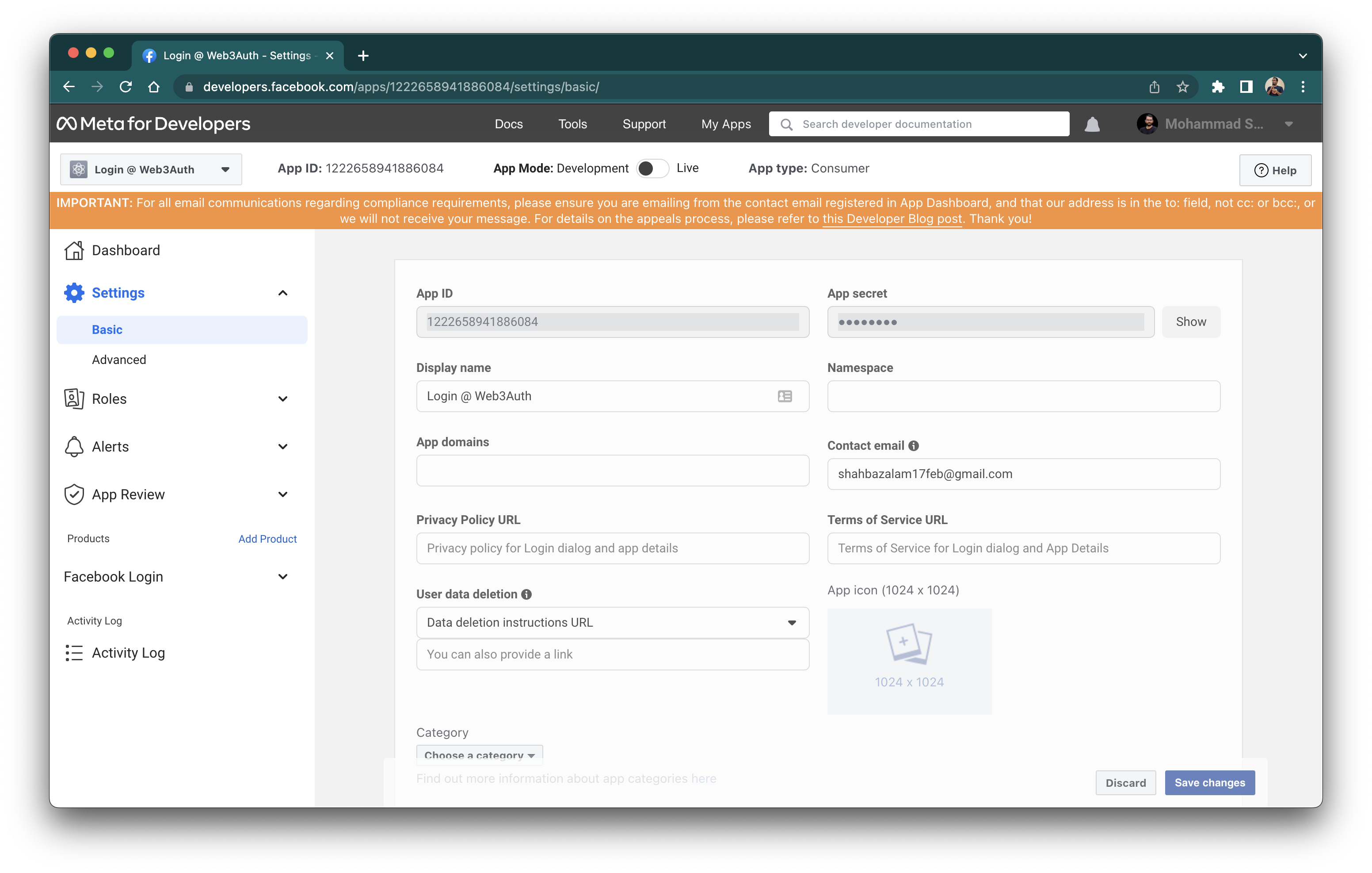Facebook OAuth2.0 App Dashboard
